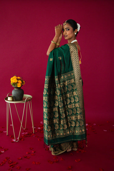 ShopNaya Exclusive | Pure Mulberry Silk Saree | Green | Light Weight | Gold Zari | Handwoven | Ships from California | Anamniya